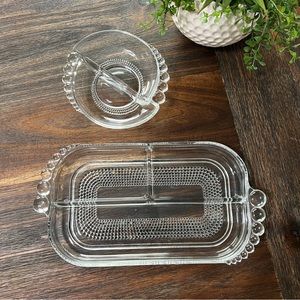Duncan Miller Teardrop clear glass trinket relish serving vintage 2pc set beaded